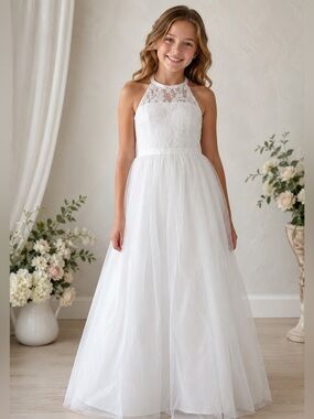 White Lace Halter Flower Girl Dress